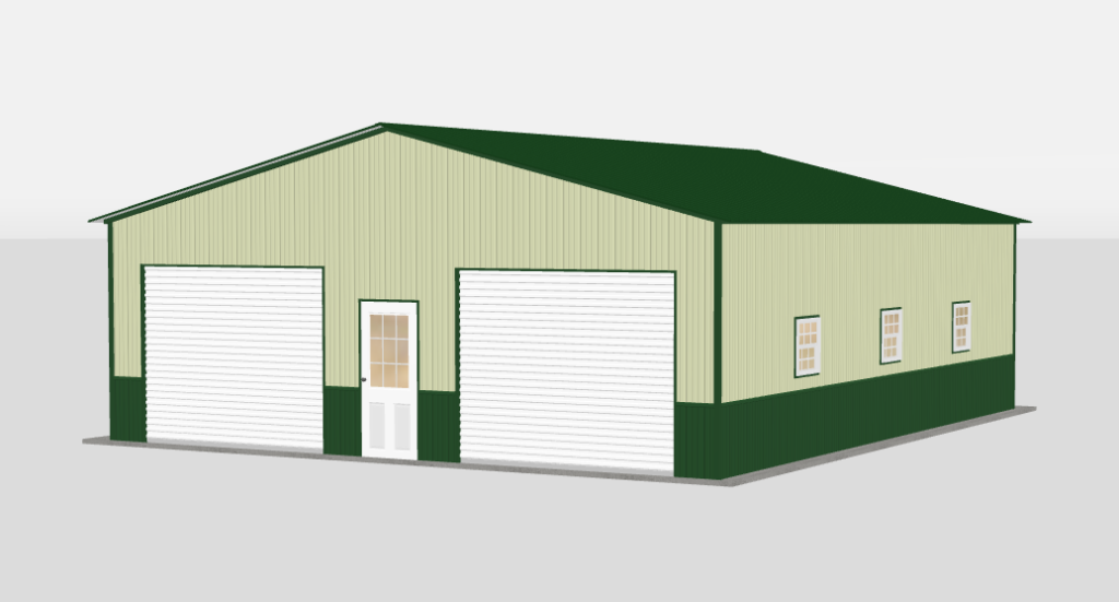 The Big Sky 30 by 35 by 10 metal garage with vertical walls and wainscoting