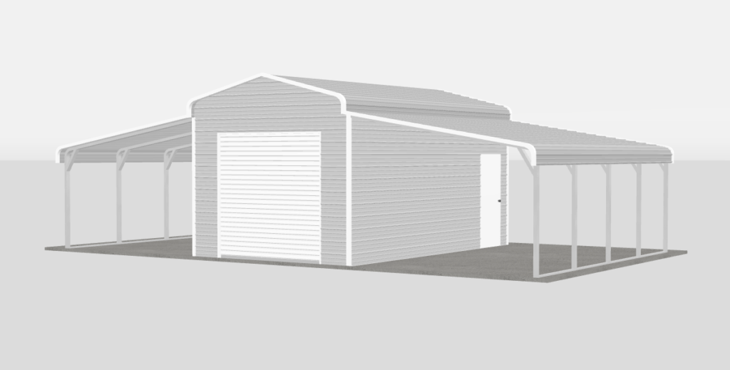 The Homestead 36 by 20 metal barn with enclosed center and two lean-tos