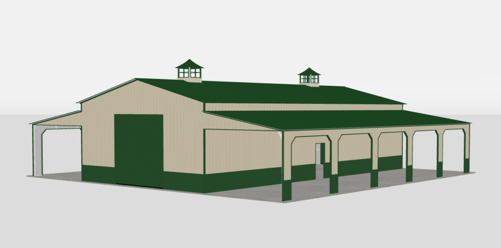 The Legacy 60 by 60 metal barn with open lean-tos, cupolas and wainscoting