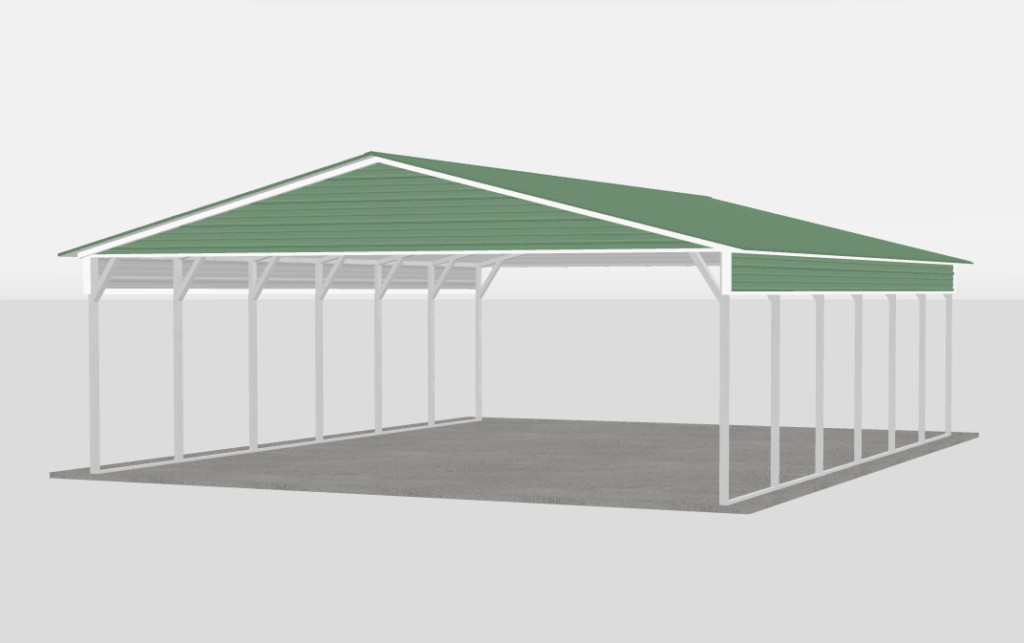 The Roadrunner 24 by 30 by 8 vertical roof metal carport with gables and side half-panels