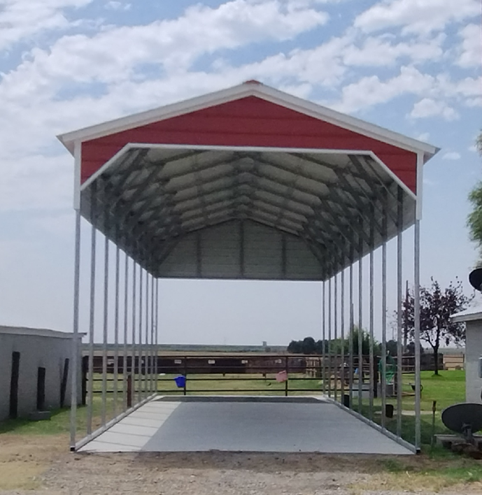 Red and white gable-roof metal carport